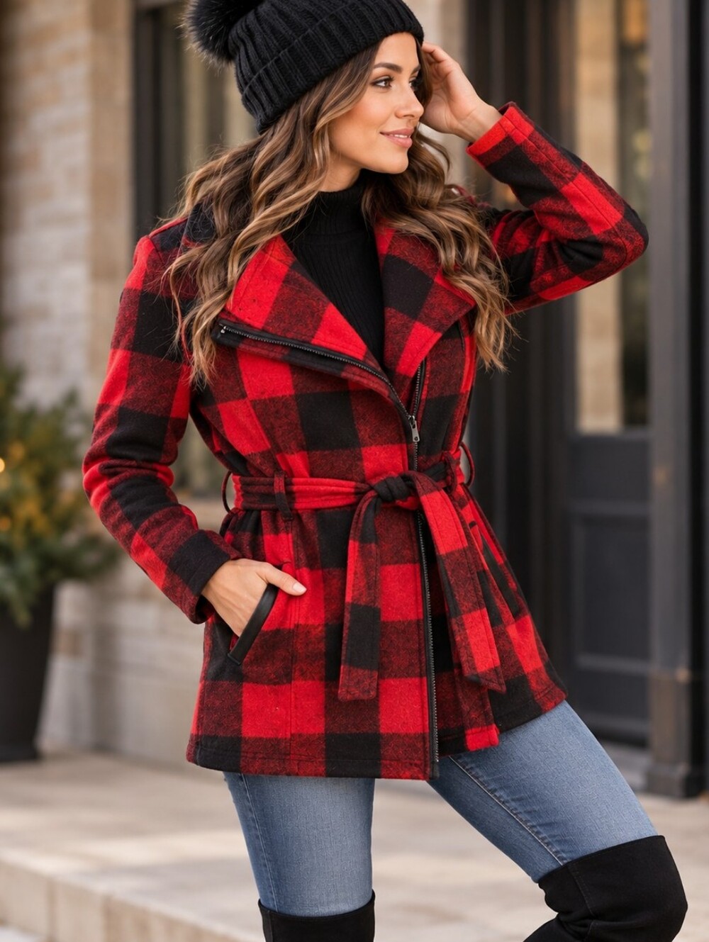 Madden Girl Buffalo Plaid Belted Moto Coat Red Black Women's S/P